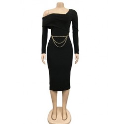 Szín: fekete L - Egyszerű női Bodycon party ruha klasszikus váll hosszú ujjú koktélruhák szexi csomagú csípős midi