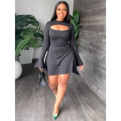 Szín: fekete L - Gyönyörű mellkas, üreges, egyrészes, folyékony ruha női divat álnyakú, hosszú ujjú ruhák szexi