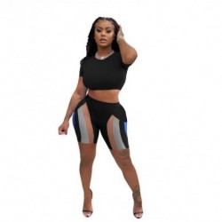 Szín: fekete M - Biker Style 2 részes rövid készletek Nyári ruhák nőknek rövid ujjú Bandage Crop póló és színes