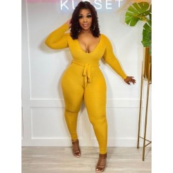 Szín: sárga XL - Őszi téli rugalmas bordázott, vékony kombiné Szexi mély V nyakú, hosszú ujjú, egy darabból álló,