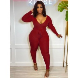 Szín: bordó XL - Őszi téli rugalmas bordás, vékony kombiné Szexi mély V nyakú, hosszú ujjú, egyrészes, egyszerű