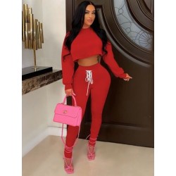 Szín: piros XXL - 2022-es őszi téli női sportruha, kétrészes szett kapucnis, hosszú ujjú, hátul üreges kapucnis