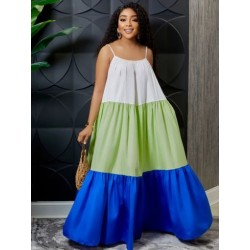 Szín: kék XXL - Nyári színes blokk szexi spagetti pántos, padlóig érő ruhák női hosszú klubparti strandruha Vintage