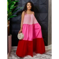 Szín: rózsaszín XXL - Nyári színes blokk szexi spagetti pántos, padlóig érő ruhák női hosszú klubparti strandruha