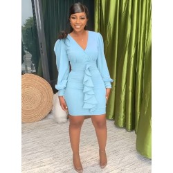 Szín: égszínkék L - Irodai női lépcsőzetes fodrok Bodycon ruha női divatos, mély V nyakú lámpás ujjú Vestidos