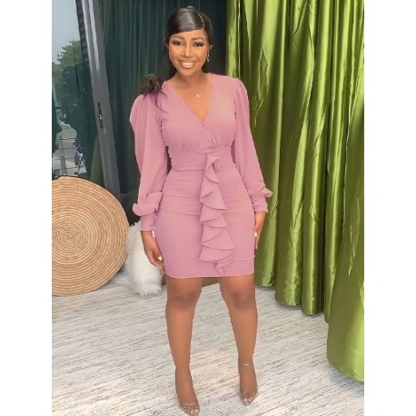 Szín: rózsaszín L - Irodai női lépcsőzetes fodrok Bodycon ruha női divatos, mély V nyakú lámpás ujjú Vestidos