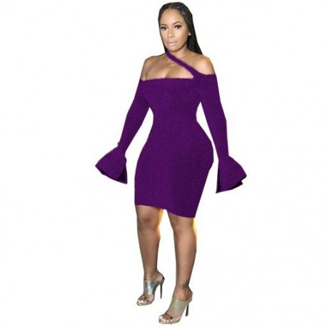 Szín: Lila XL - Új, hosszú, lobogó ujjú, ferde nyakú Vestido Ladies Empire derék, egyszínű összefűzött ruhák női