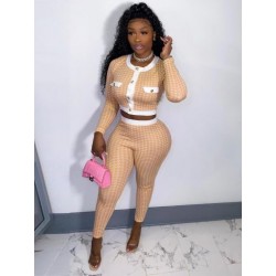 Szín: narancssárga L - Kockás print Elegáns, divatos, kétrészes nadrágkosztüm, női ruházat, hosszú ujjú, gombokkal