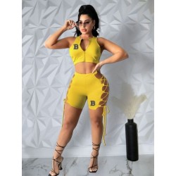 Szín: sárga XL - B betű Nyomtatás Kétrészes szett Női divatos fitnesz sportruhák ujjatlan cipzárral felfelé Crop