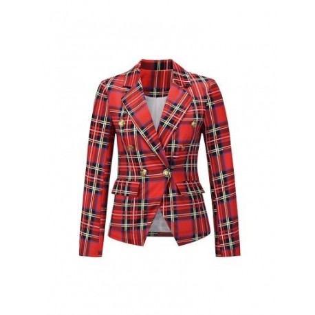 Szín: piros L - Irodai női kockás patchwork blézerkabát Elegáns Nothced gallérral duplasoros felsőruházat Vintage női