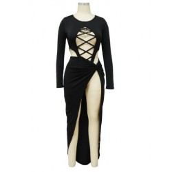 Szín: fekete XXL - Csábító 2 részes klubruhák Midnight Woman Festival Ruházat Fűzős, üreges, hosszú ujjú bodyk és