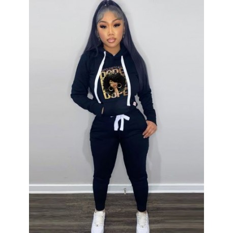 Szín: fekete L - Őszi téli női plüss tréningruha kényelmes mintás kapucnis hosszú ujjú zsebek kapucnis pulcsi és