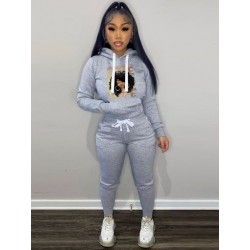 Szín: szürke L - Őszi téli női plüss tréningruha kényelmes mintás kapucnis hosszú ujjú zsebek kapucnis pulcsi és