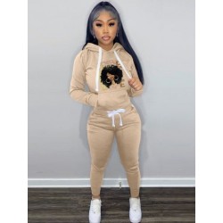 Szín: Khaki L - Őszi téli női plüss tréningruha kényelmes mintás kapucnis hosszú ujjú zsebek kapucnis pulcsi és