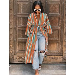 Szín: narancssárga M - Kínai stílusú szivárványcsíkos, egyenes kardigán női, mély V nyakú, teljes ujjú kabát