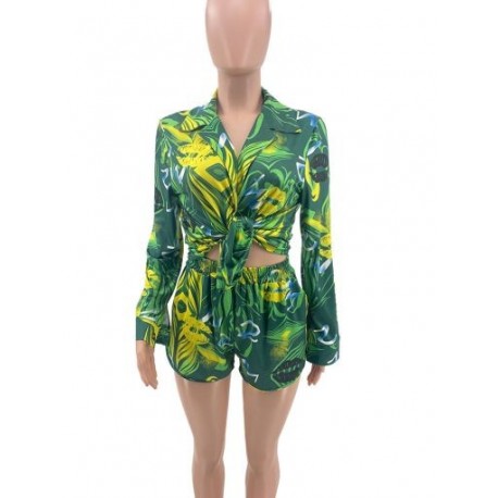 Szín: zöld XL - Divatos, velencei nyomtatású, kétrészes női szett, alkalmi, lehajtható gallérral, hosszú ujjú bő