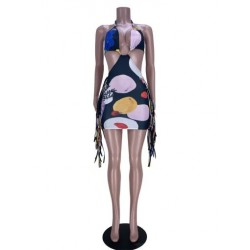 Szín: fekete XXL - Vonzó virágos, csíkos nyomtatású egyrészes női ruhák nyári kötőfékes nyakú, hát nélküli,