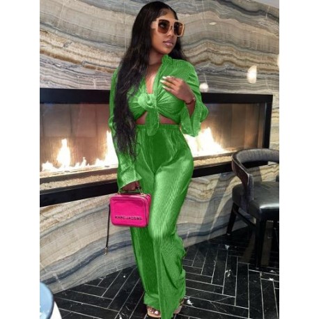 Szín: zöld L - Őszi téli női ing redőzött kétrészes készletek tömör laza birodalmi derekú egyenes nadrág