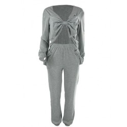 Szín: szürke L - Big Bow Patchwork női sportruhák, édes lányok, mély V nyakú, teljes ujjú pulóver és elasztikus