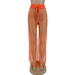 Szín: narancssárga L - Nyári strandruházat áttetsző hálós nadrág női Empire derekas húzózsinóros széles szárú