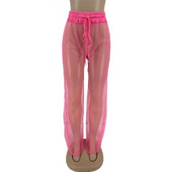 Szín: rózsaszín L - Nyári strandruházat áttetsző hálós nadrág női Empire derekas húzózsinóros széles szárú