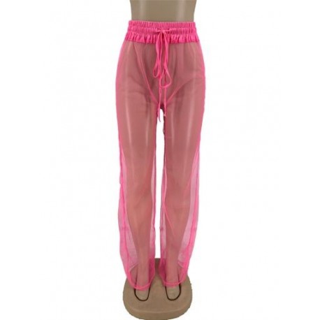 Szín: rózsaszín L - Nyári strandruházat áttetsző hálós nadrág női Empire  derekas húzózsinóros széles szárú