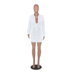 Szín: fehér XXL - Tavaszi nyár redőzött Bodycon ingruha nőknek, hosszú ujjú, lehajtható gallérral Vestidos irodai női