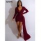 Szín: kék L - Luxus női csillogó flitteres, mély V nyakú, hosszú ujjú Bodycon ruha szexi redőzött elülső oldal