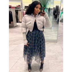 Szín: szürke M - Őszi téli női puff meleg alsókabát Divat Állványgallér hosszú ujjú Crop dzsekik Alkalmi masszív