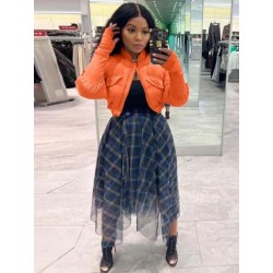 Szín: narancssárga M - Őszi téli női puff meleg alsókabát Divat Állványgallér hosszú ujjú Crop dzsekik Alkalmi