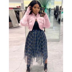 Szín: rózsaszín M - Őszi téli női puffer meleg öblítőkabát Divat Állványgallér hosszú ujjú Crop dzsekik Alkalmi