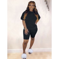 Szín: fekete L - Y2k Sima színű, hozzáillő, kétrészes szett Sportos öltöny Crew Neck rövid ujjú pólók   Slim Fit