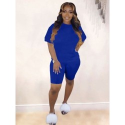 Szín: kék L - Y2k Sima színű, hozzáillő, kétrészes szett Sportos öltöny Crew Neck rövid ujjú pólók   Slim Fit