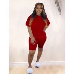 Szín: piros L - Y2k Sima színű, hozzáillő, kétrészes szett Sportos öltöny Crew Neck rövid ujjú pólók   Slim Fit