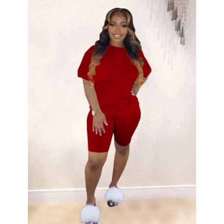 Szín: piros L - Y2k Sima színű, hozzáillő, kétrészes szett Sportos öltöny Crew Neck rövid ujjú pólók   Slim Fit