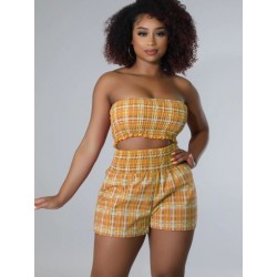 Szín: sárga XL - Nyári kockás nyomatú, kétrészes strandszett női vállnélküli, nyitott hátú Ujjatlan Crop felső