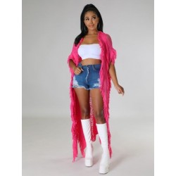 Szín: Rose L - Horgolt, kötött bojtos patchwork nyitott öltés, 2022 kora őszi rövid ujjú átlátszó kardigán Vintage