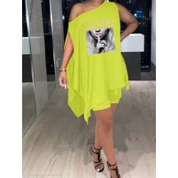 Szín: sárga XXXL - Stílusos mintás levélmintás női tréningruhák utcai viselet egy vállú aszimmetrikus szegélyű