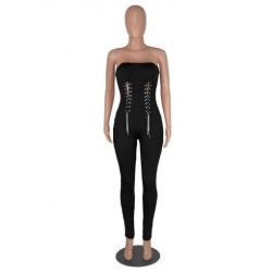 Szín: fekete L - Nightclub Girls Chain Hollow Spliced Bodycon Jumpsuit Szexi váll nélküli Body Derék formájú Party Club