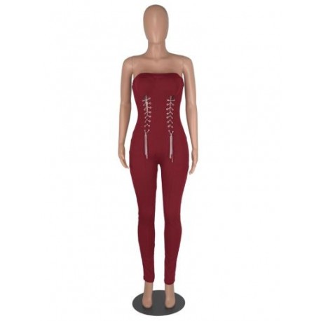 Szín: Burgundy L - Nightclub Girls Chain Hollow Spliced Bodycon Jumpsuit Szexi váll nélküli Body Derék formájú Party Club
