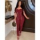 Szín: Burgundy L - Nightclub Girls Chain Hollow Spliced Bodycon Jumpsuit Szexi váll nélküli Body Derék formájú Party Club