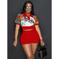 Szín: Piros XL - Csípő kötött, bordázott női szett, rövid ujjú, nyomott pólógalléros póló és rövidnadrág