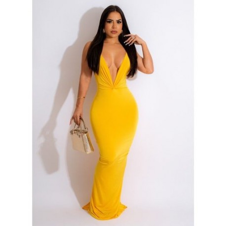 Szín: sárga M - Luxus szexi spagettipántos sellő maxi ruha Női dekoltázs nyitott hátú Bodycon ruhák Elegáns