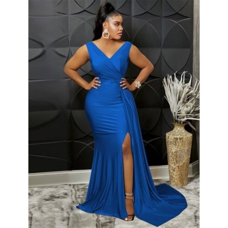 Szín: kék L - Gyönyörű, oldalsó, földig érő ruhák Női, V dekoltázsú, ujjatlan Vestidos Vintage Night Clubbing