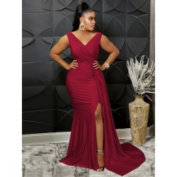 Szín: Burgundy L - Gyönyörű, oldalsó, földig érő ruhák Női, V dekoltázsú, ujjatlan Vestidos Vintage Night Clubbing
