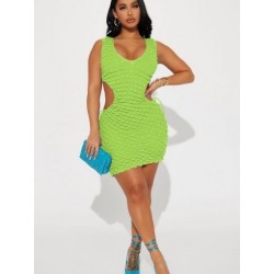 Szín: zöld L - Neonzöld derékpánt Kivágott redőzött mini ruha irodai női, mély V nyakú, ujjatlan hüvelyes ruha
