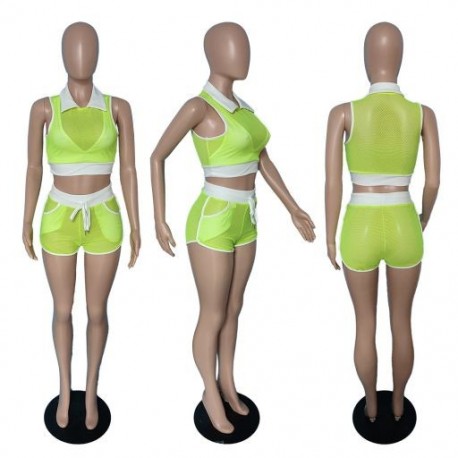 Szín: zöld XXL - Neon színű női hálós, légáteresztő baseball-ruhák, alkalmi, üreges, ujjatlan, Crop top és