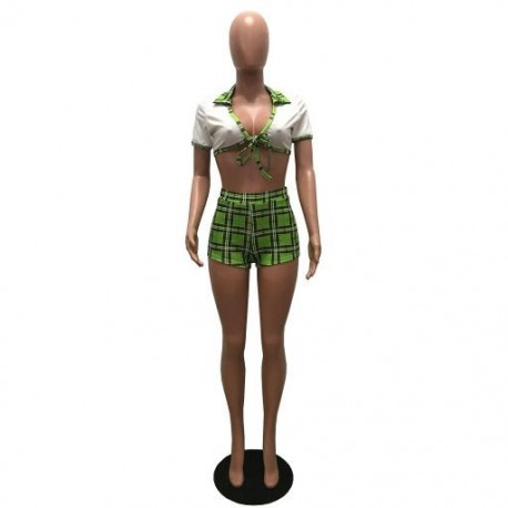 Szín: zöld M - Preppy stílusú kockás összefűzött kétrészes rövidnadrág készletek lányoknak rövid ujjú dekoltázs