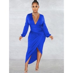 Szín: kék XL - Elegáns, divatos, derék formájú, domború női ruhák, V- dekoltázsú, teljes ujjú női ruhák. Elegáns,