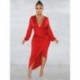 Szín: Piros XL - Elegáns, divatos, derék formájú, domború női ruhák, V- dekoltázsú, teljes ujjú női ruhák.